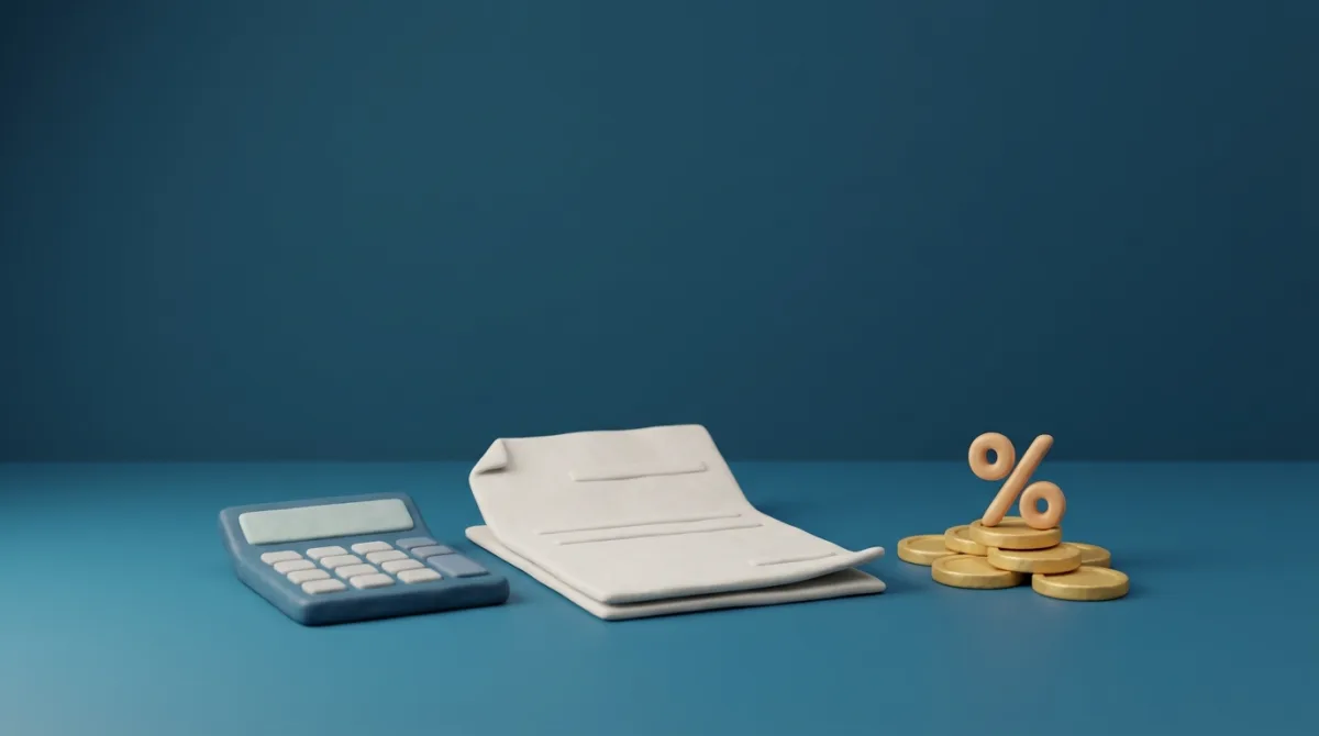 Rekenmachine, document en een procent-symbool op munten: jaarruimte berekenen voor fiscaal voordelig pensioen opbouwen