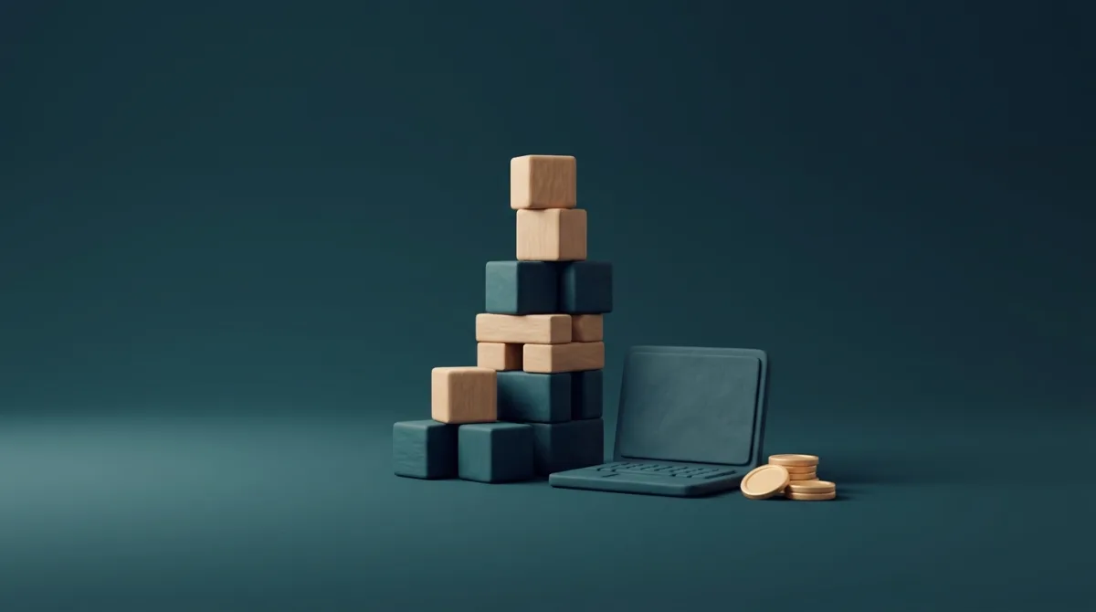 Houten bouwblokken, laptop en gouden munten: vermogen opbouwen als zzp'er