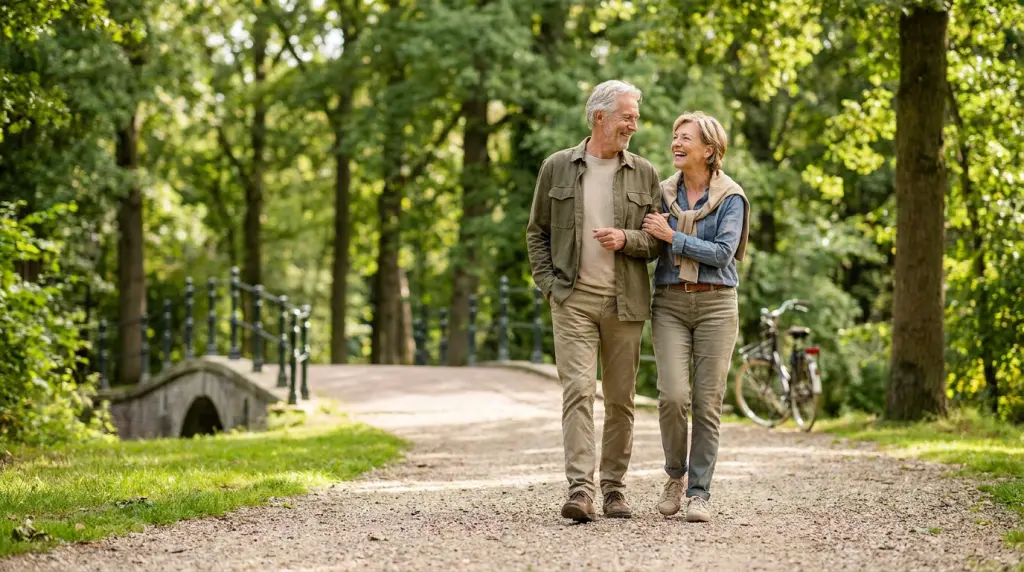 Actief gepensioneerd stel wandelt samen in een Nederlands park