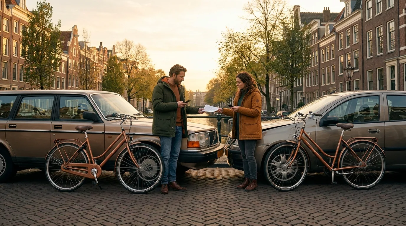Man en vrouw wisselen na een aanrijding papieren uit tussen twee auto's langs een Amsterdamse gracht