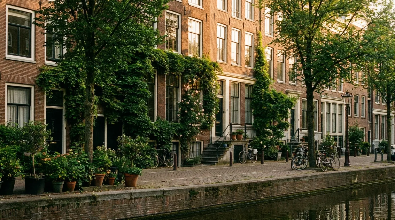 Grachtenpanden met begroeide gevels en geparkeerde fietsen langs een Amsterdamse gracht