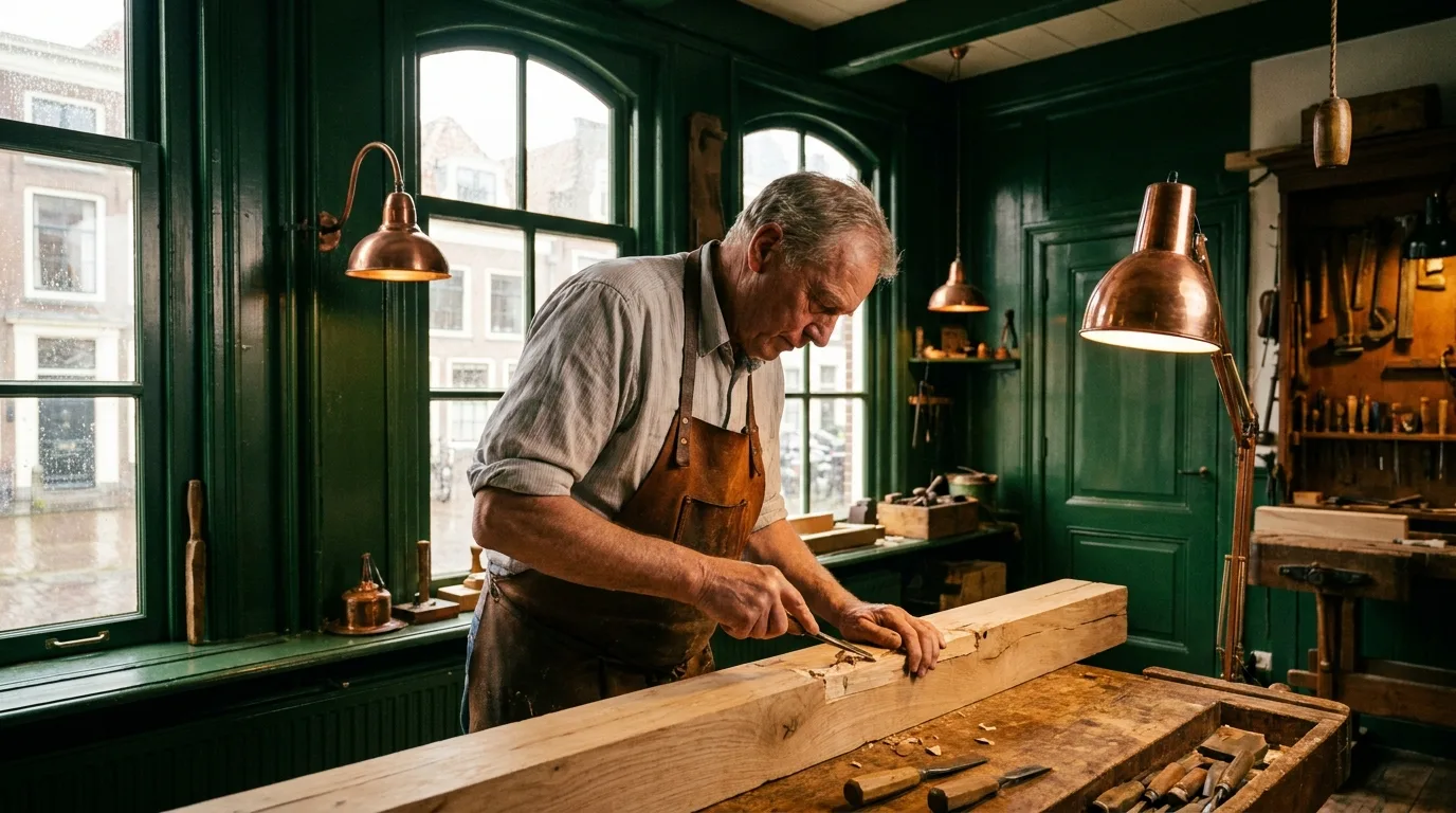 Meubelmaker bewerkt een houten balk met een beitel in zijn werkplaats met groene wanden