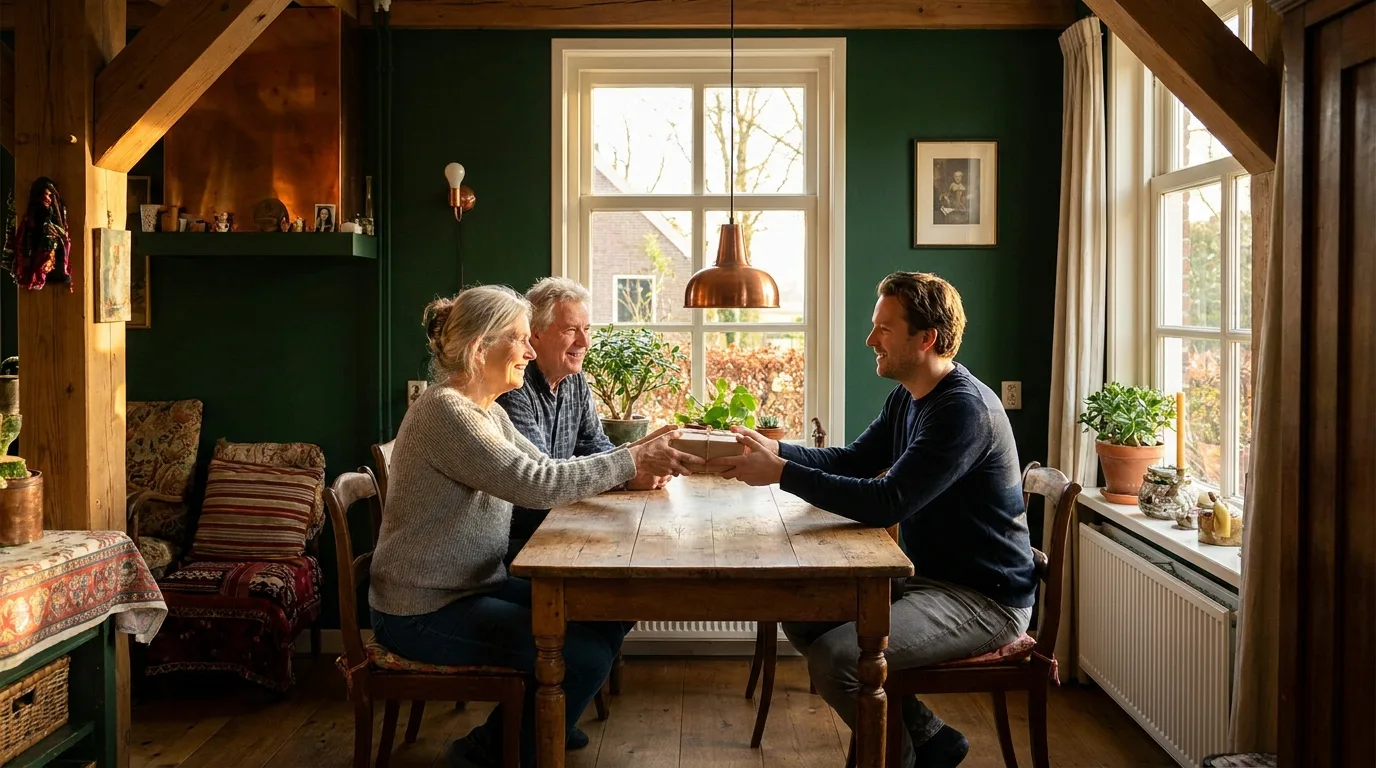 Ouders geven hun volwassen zoon een plantje aan, aan de eettafel in hun woonkamer
