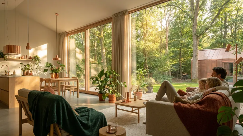 Ouders met twee kinderen op de bank in een woonkamer met hoge ramen die uitkijken op een bosrijke tuin