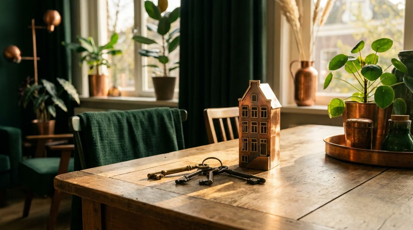 Miniatuur grachtenpandje en een bos oude sleutels op een houten eettafel
