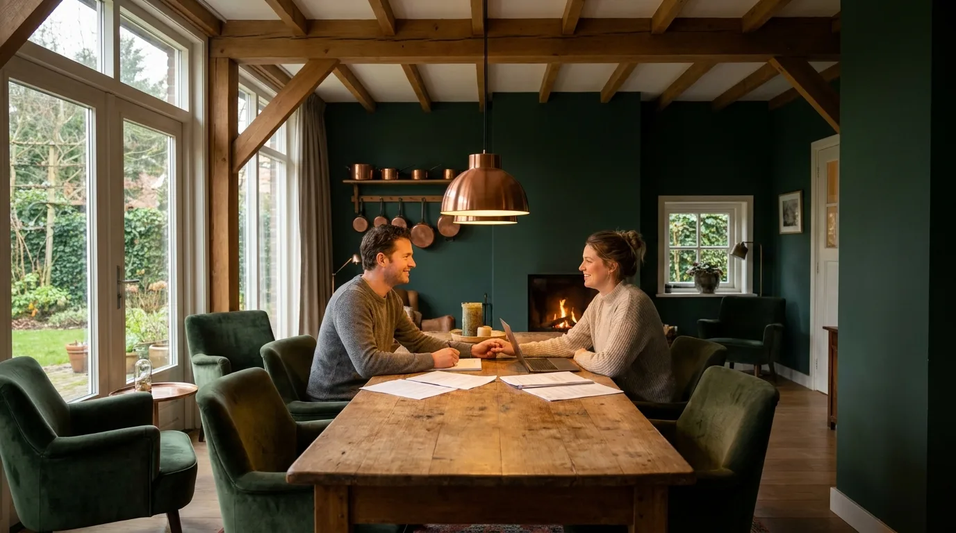 Stel bespreekt papieren aan de eettafel bij een brandende haard in een landelijke woonkamer