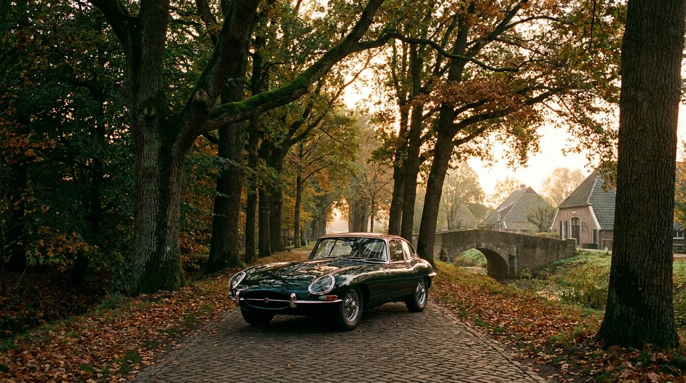 Donkergroene klassieke sportauto op een landweg tussen bomen met herfstbladeren