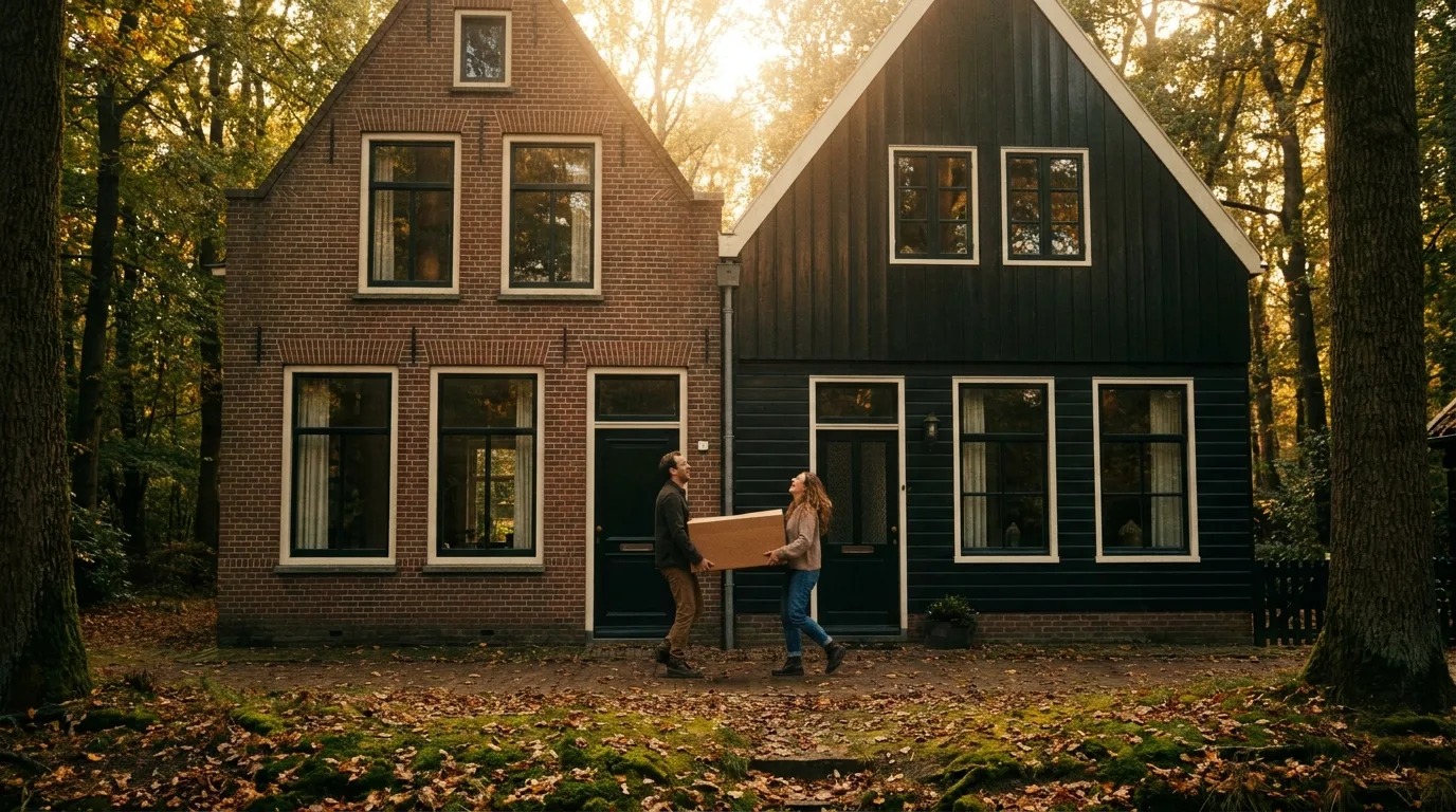 Stel draagt een verhuisdoos naar de voordeur van een huis aan de bosrand