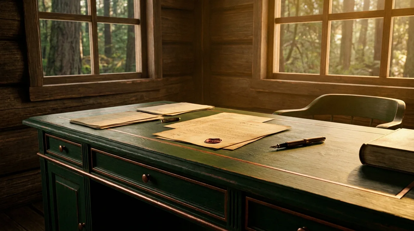 Notarisbureau met een document, een lakzegel en een vulpen, bij het raam