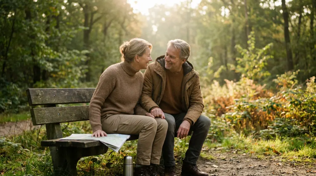 Ontspannen stel van in de vijftig geniet van vrije tijd tijdens een boswandeling in het Gooi