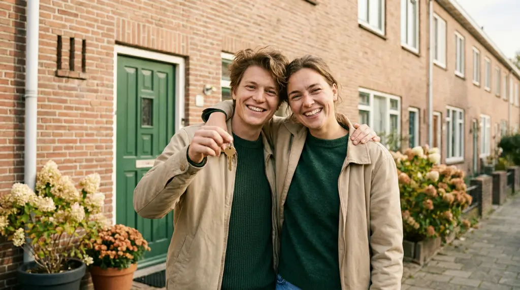 Jong Nederlands starterstel met huissleutel voor hun eerste koopwoning