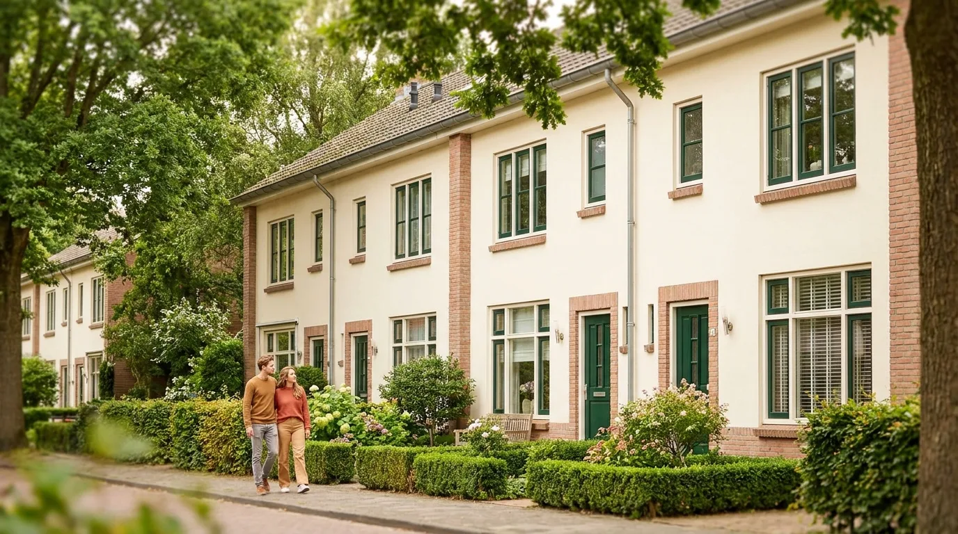 Nederlandse starterswoningen in een groene straat in het Gooi met jong stel op de voorgrond