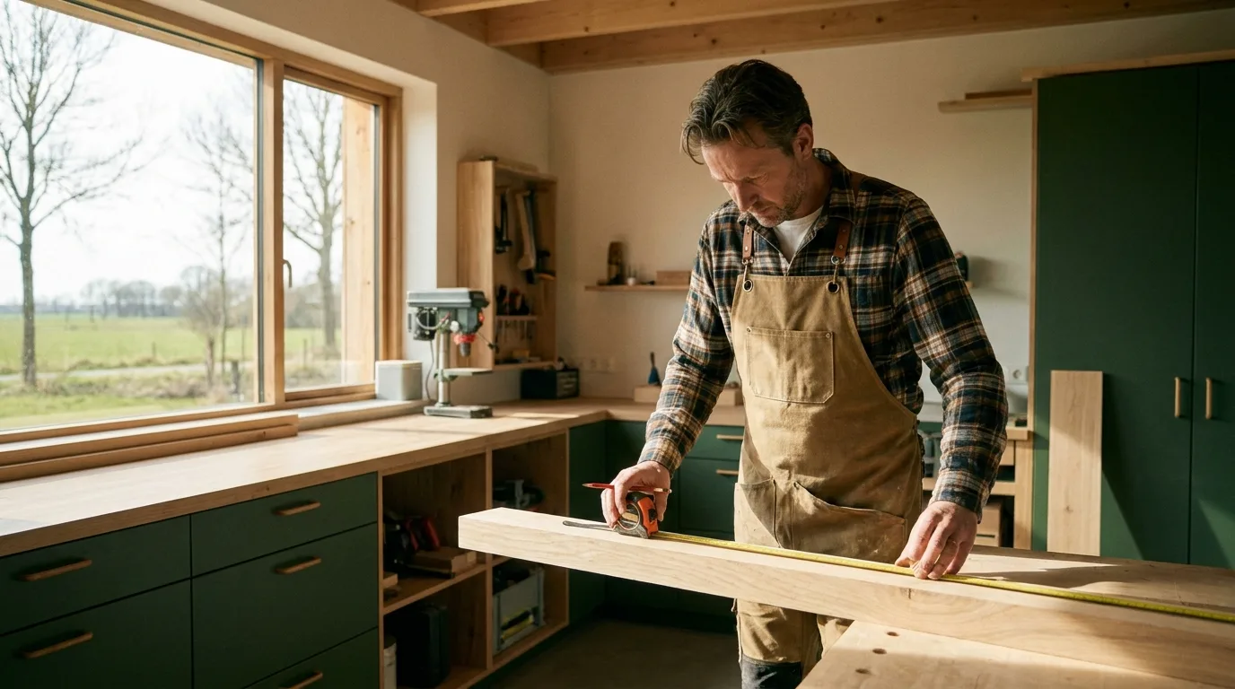 Zelfstandig timmerman aan het werk in zijn werkplaats