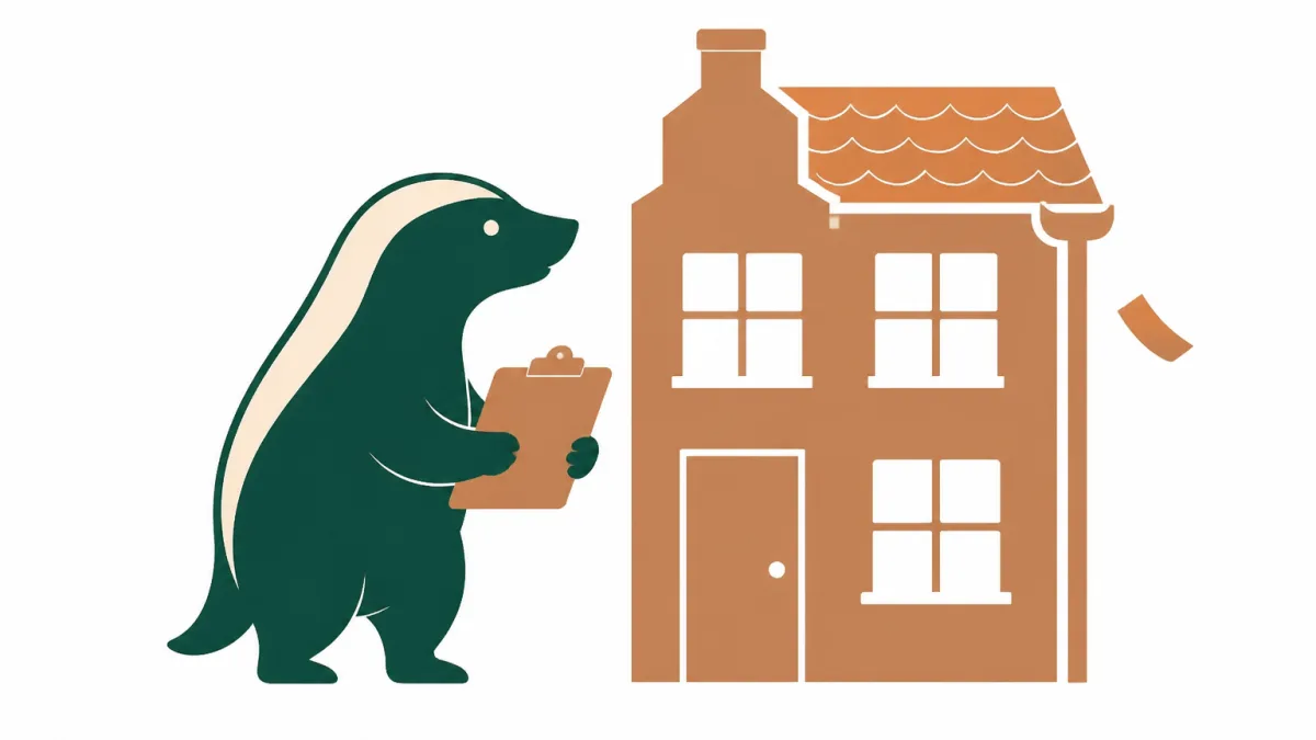 De Bouvy-honingdas bekijkt met een klembord een verhuurd pand waar een dakpan uit de goot valt.