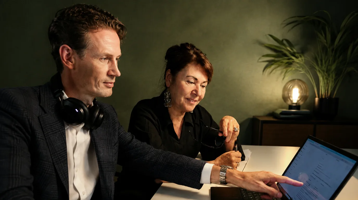 Vijf collega's in overleg aan een grote houten tafel in een kantoor aan de gracht