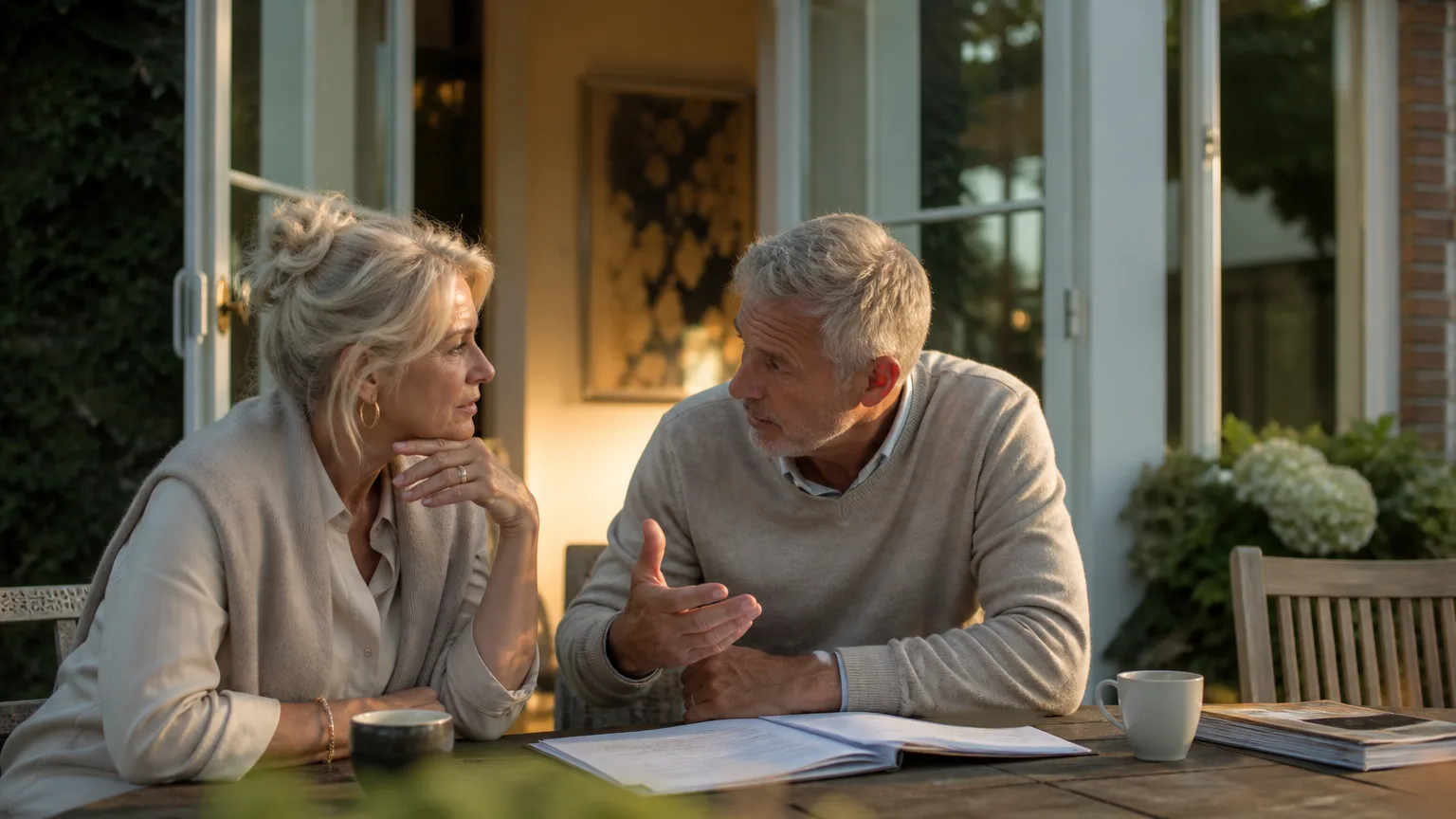 Stel in gesprek aan een tafel op het terras van een villa, met papieren voor zich