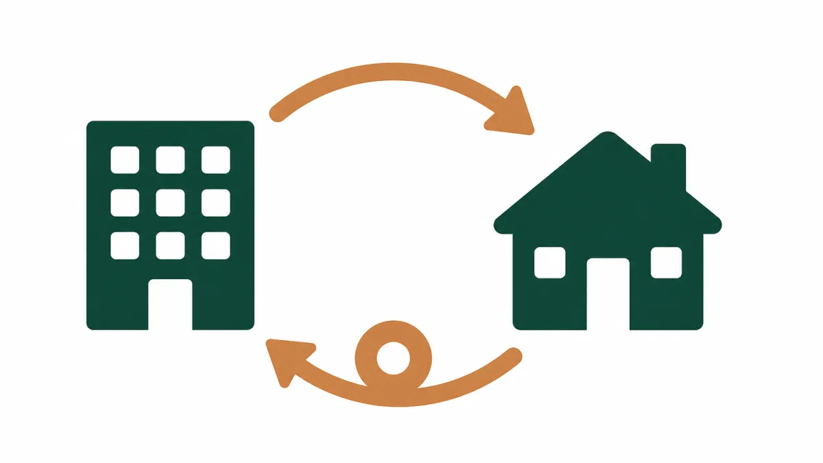 Een bedrijfspand en een woning, verbonden door een pijl heen en een pijl terug met een munt.