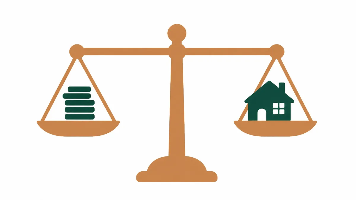 Een weegschaal met links een stapel munten en rechts een huis, precies in evenwicht.