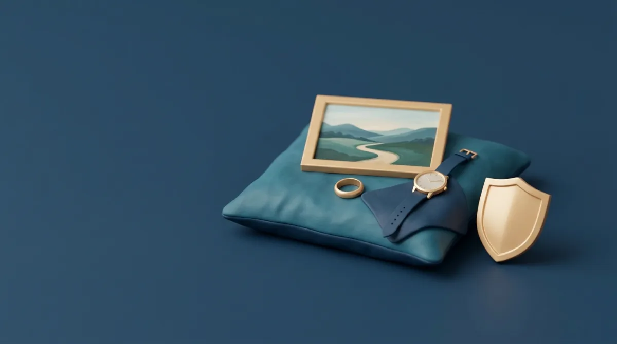 Schilderij, ring en horloge op een kussen met schild — kostbaarhedenverzekering