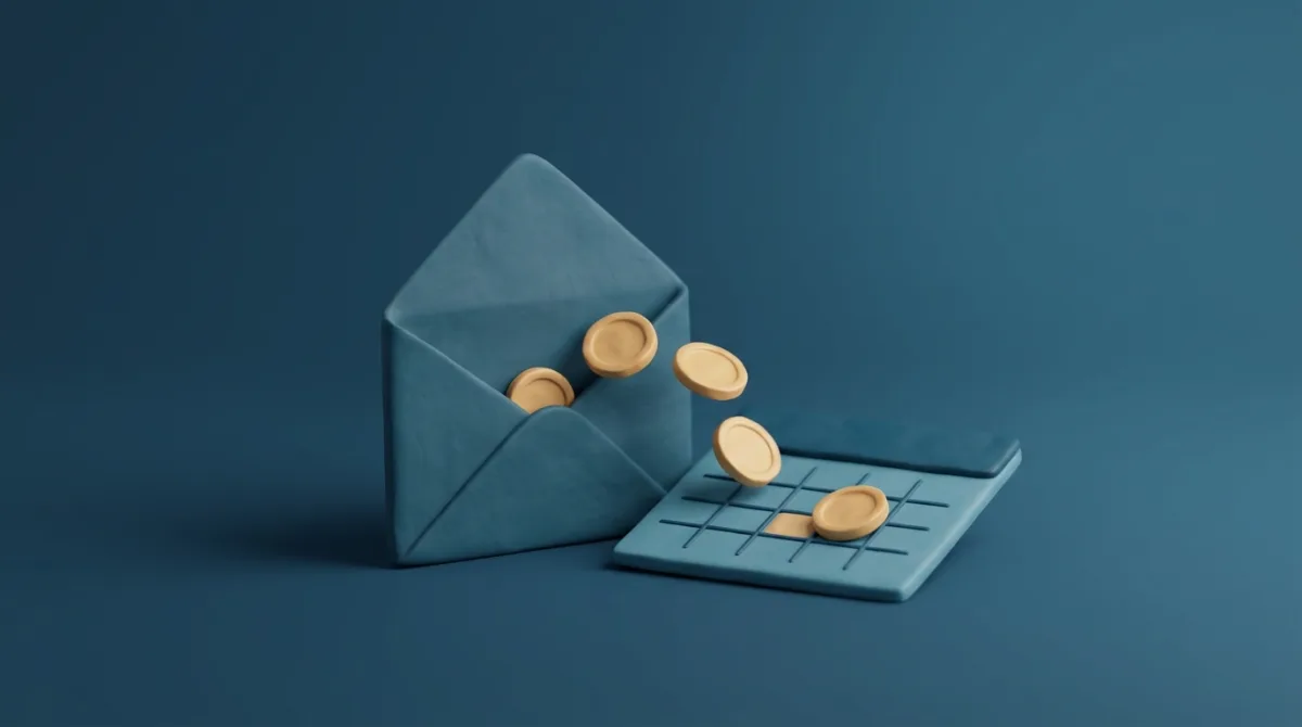 Open envelop met munten boven een kalender — lijfrente die vrijkomt en de deadline