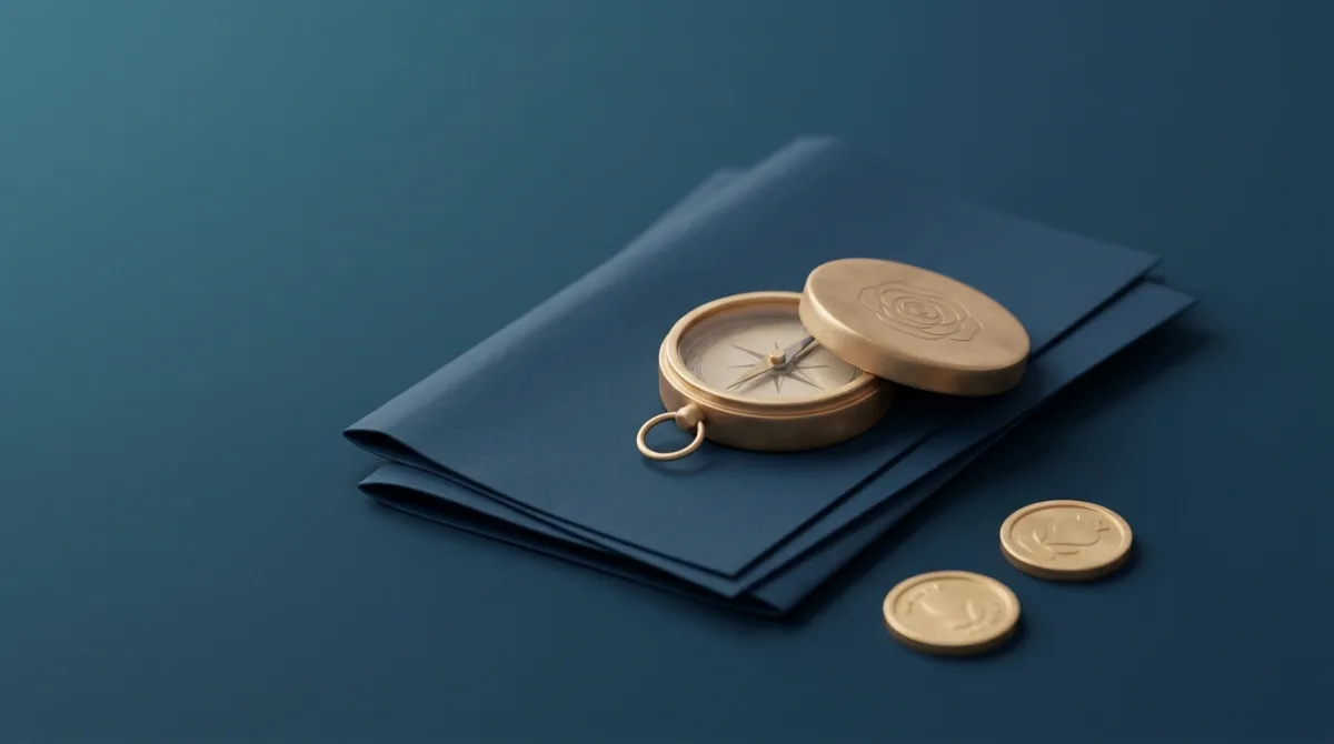 Kompas op financiële documenten met gouden munten — onafhankelijk vermogensbeheer en advies