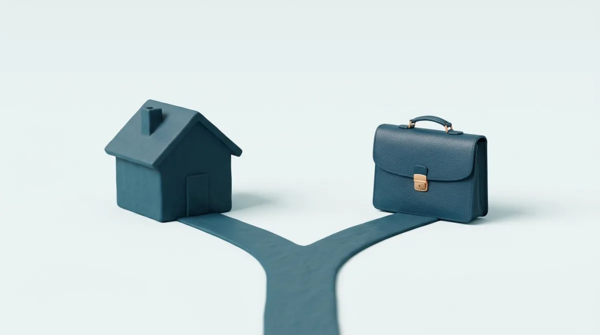 Huisje en aktetas met een splitsend pad — pensioen opbouwen als dga, privé of in de bv