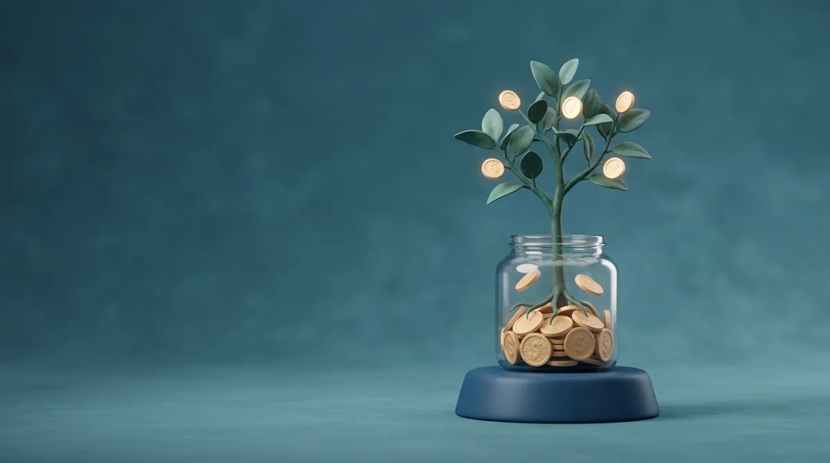 Boompje dat uit een pot met gouden munten groeit — pensioenbeleggen voor de lange termijn