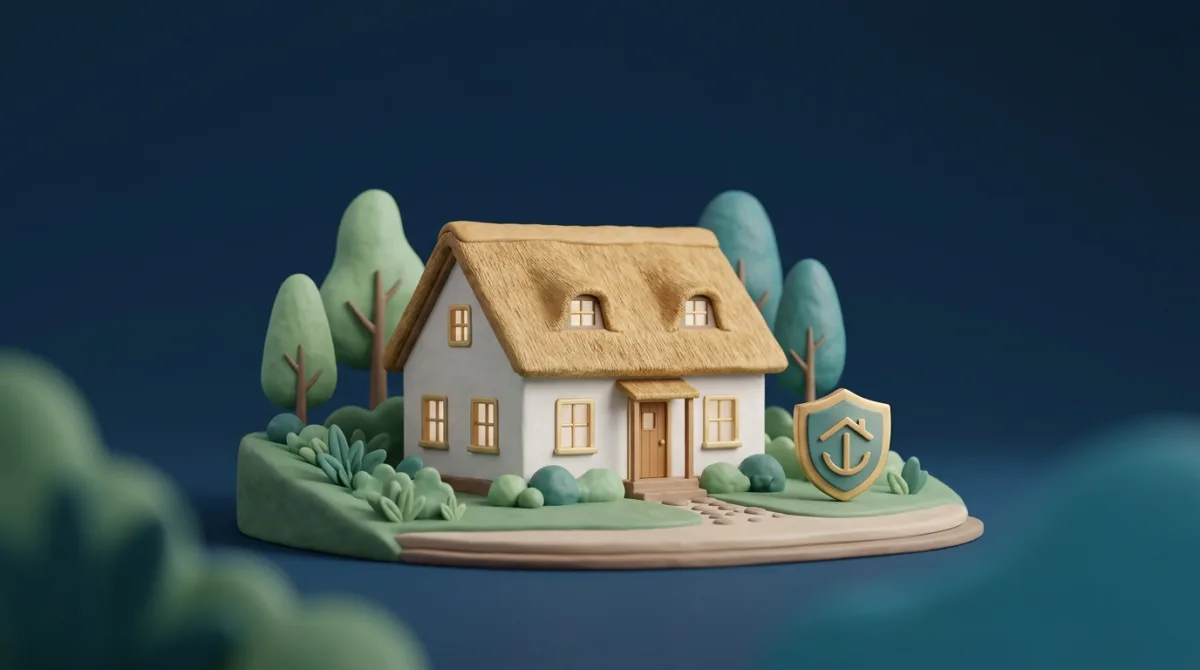 Rietgedekt landhuis met een schild-symbool — rieten dak verzekering voor woningen in 't Gooi