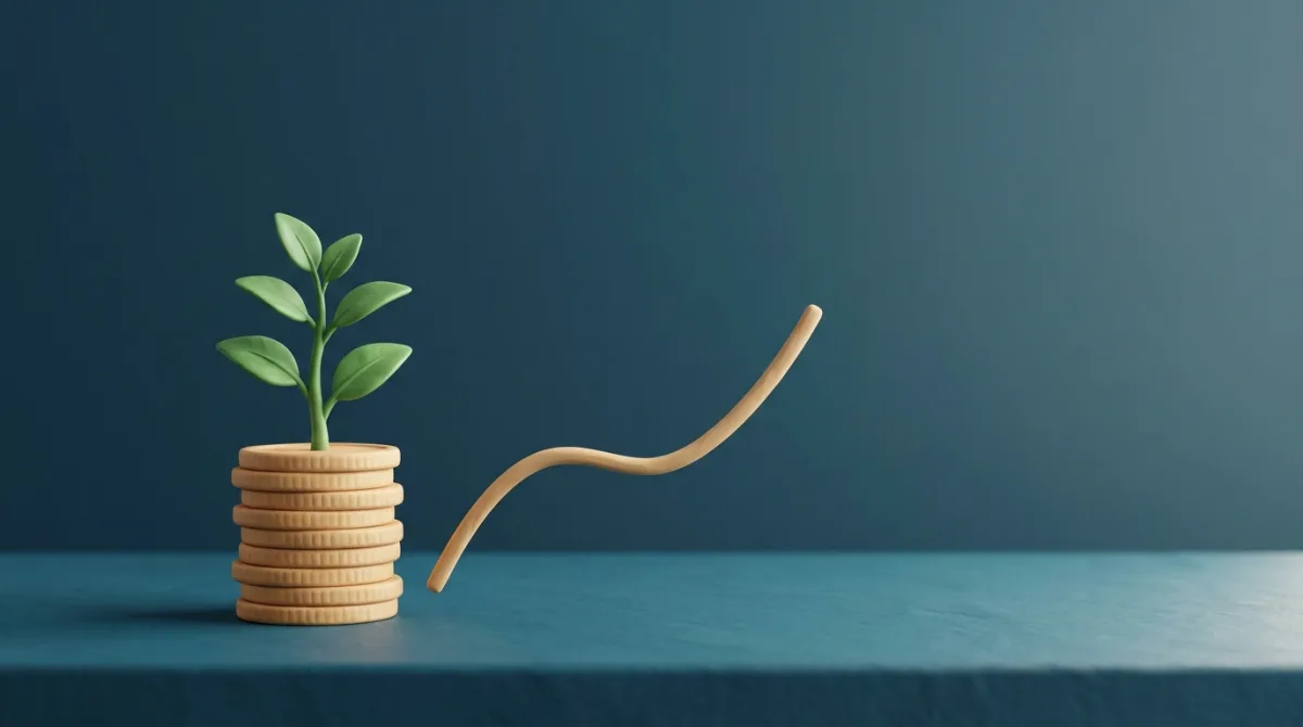 Groeiende plant op een stapel munten met een stijgende groeilijn, symbool voor financiële planning en vermogensopbouw bij Bouvy Advies