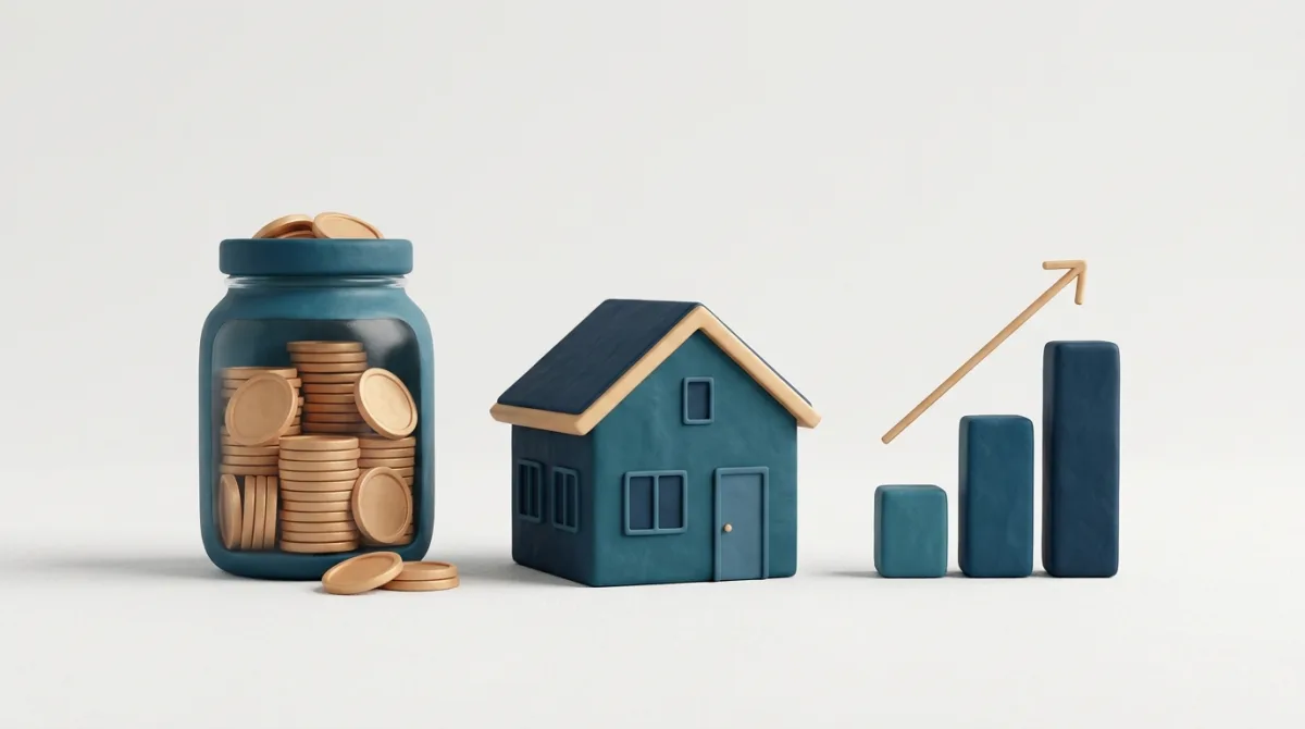 Spaarpot met munten, een huisje en een stijgende grafiek — sparen, aflossen of beleggen met je spaargeld