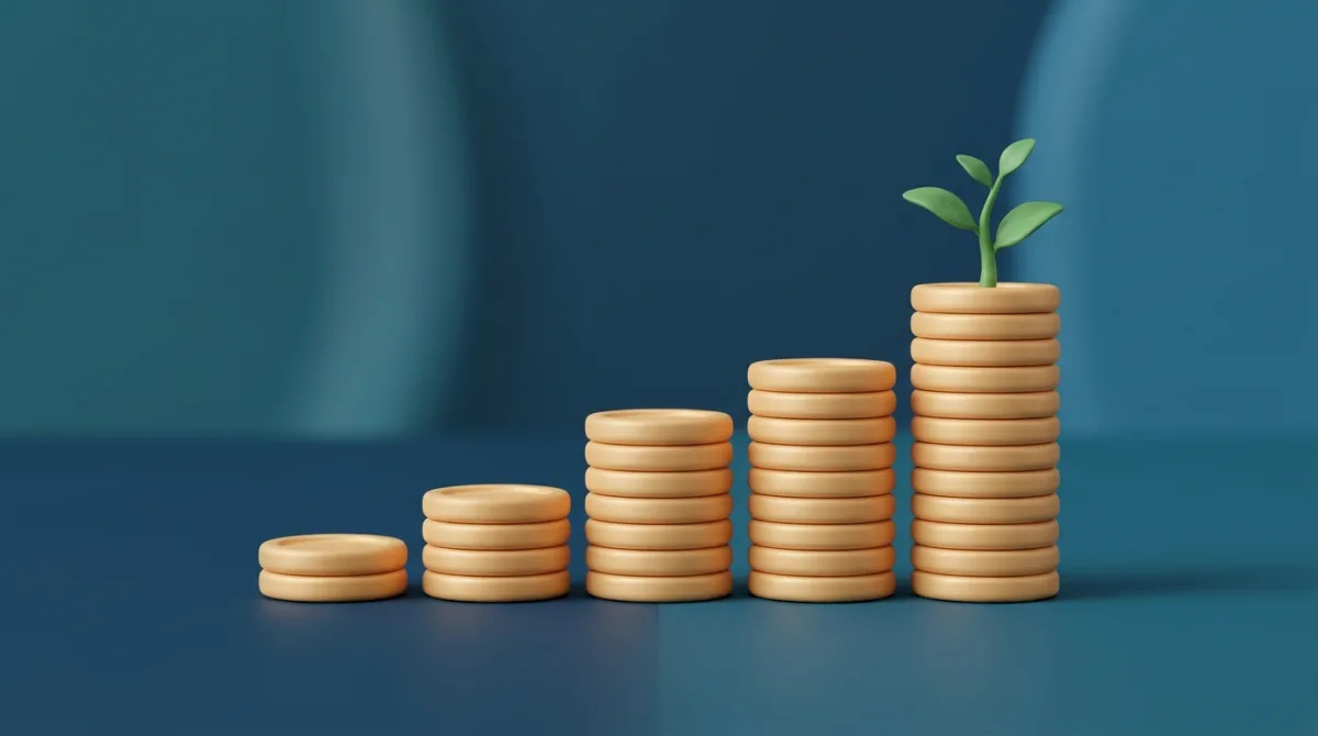 Oplopende stapels gouden munten met een groeiend plantje — rente-op-rente: zelf pensioen opbouwen, hoe eerder hoe beter