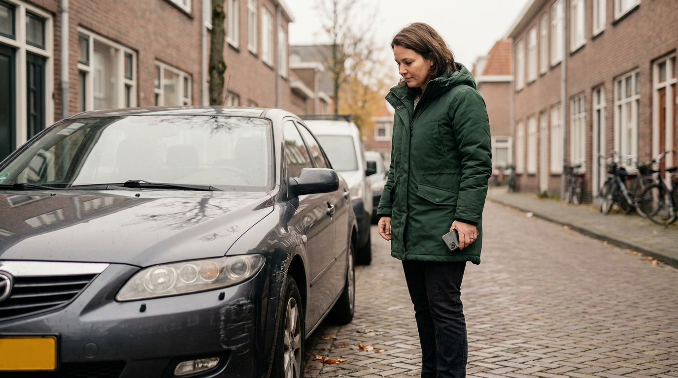 Vrouw bekijkt lichte schade aan haar auto in een Nederlandse straat